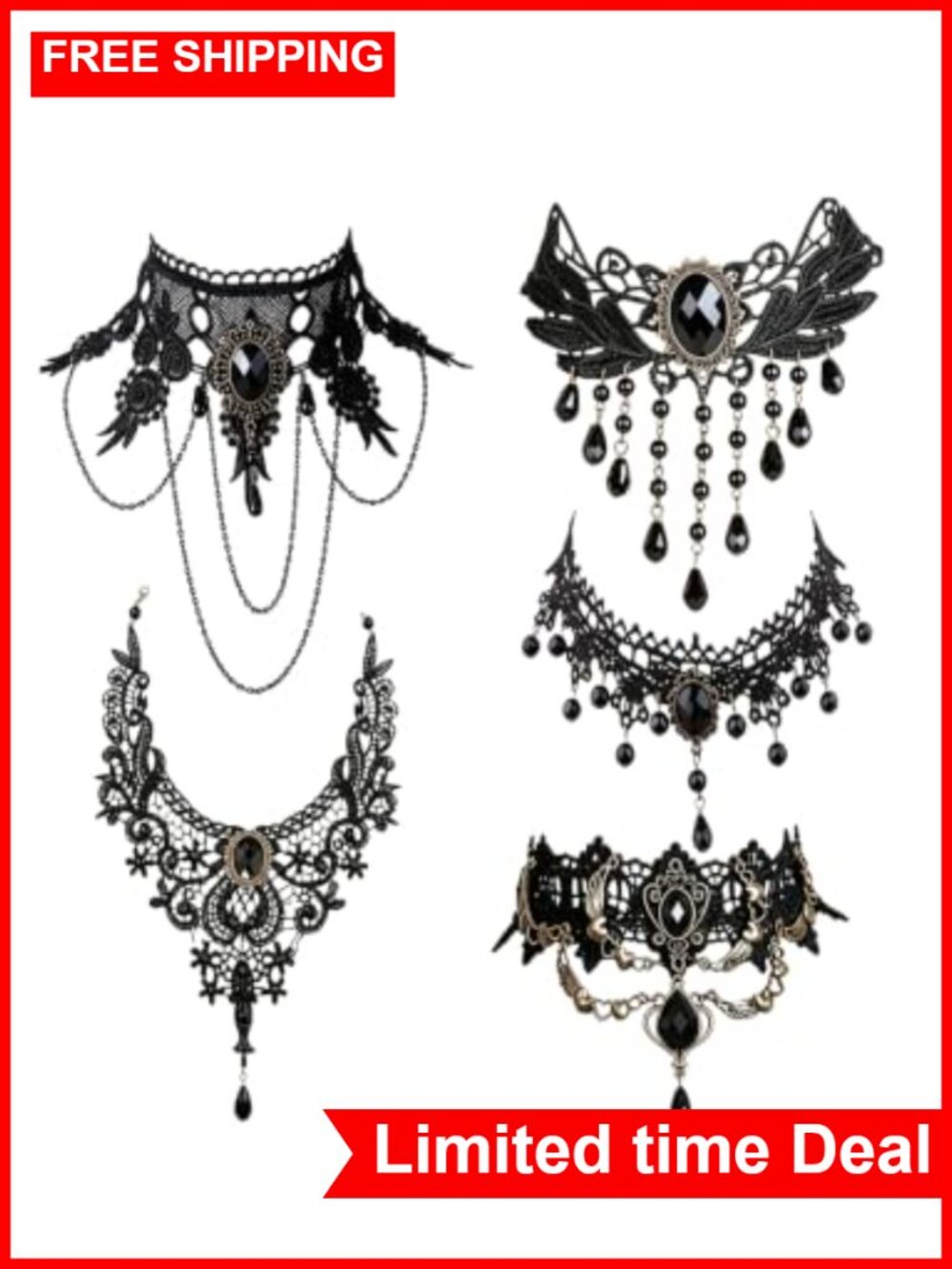 5pc Gothic Lace Ribbon Choker Necklace Set Cosplay Costume Jewelry